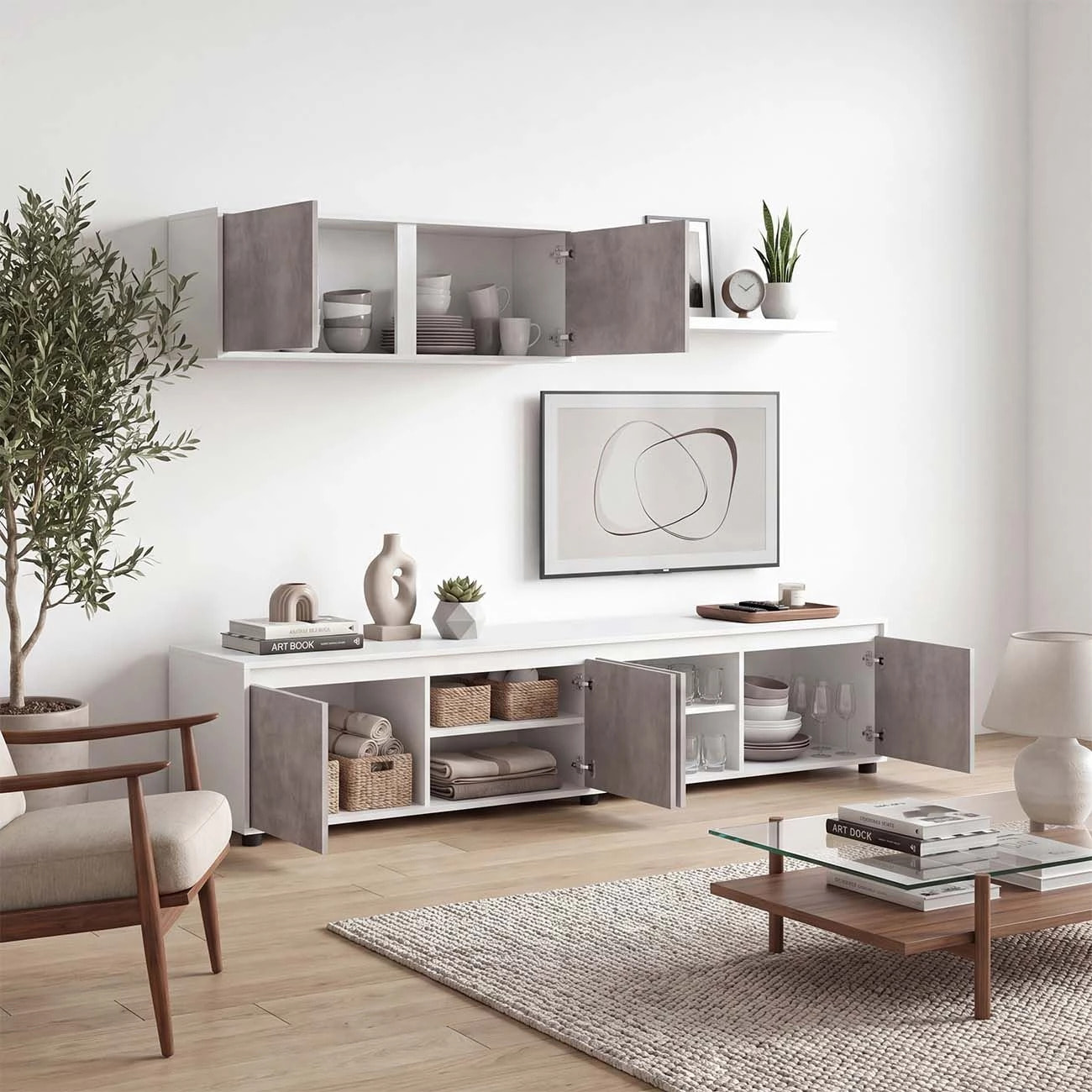 Salón con mueble de TV y estantería en blanco artik y gris cemento 200 cm Arlet Blanco Artik (Blanco Mate) - Gris Cemento