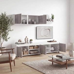 Salón con mueble de TV y estantería en blanco artik y gris cemento 200 cm Arlet Blanco Artik (Blanco Mate) - Gris Cemento