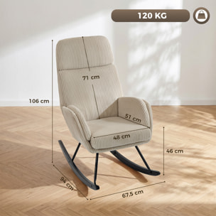 Fauteuil à bascule velours côtelé beige métal bois noir