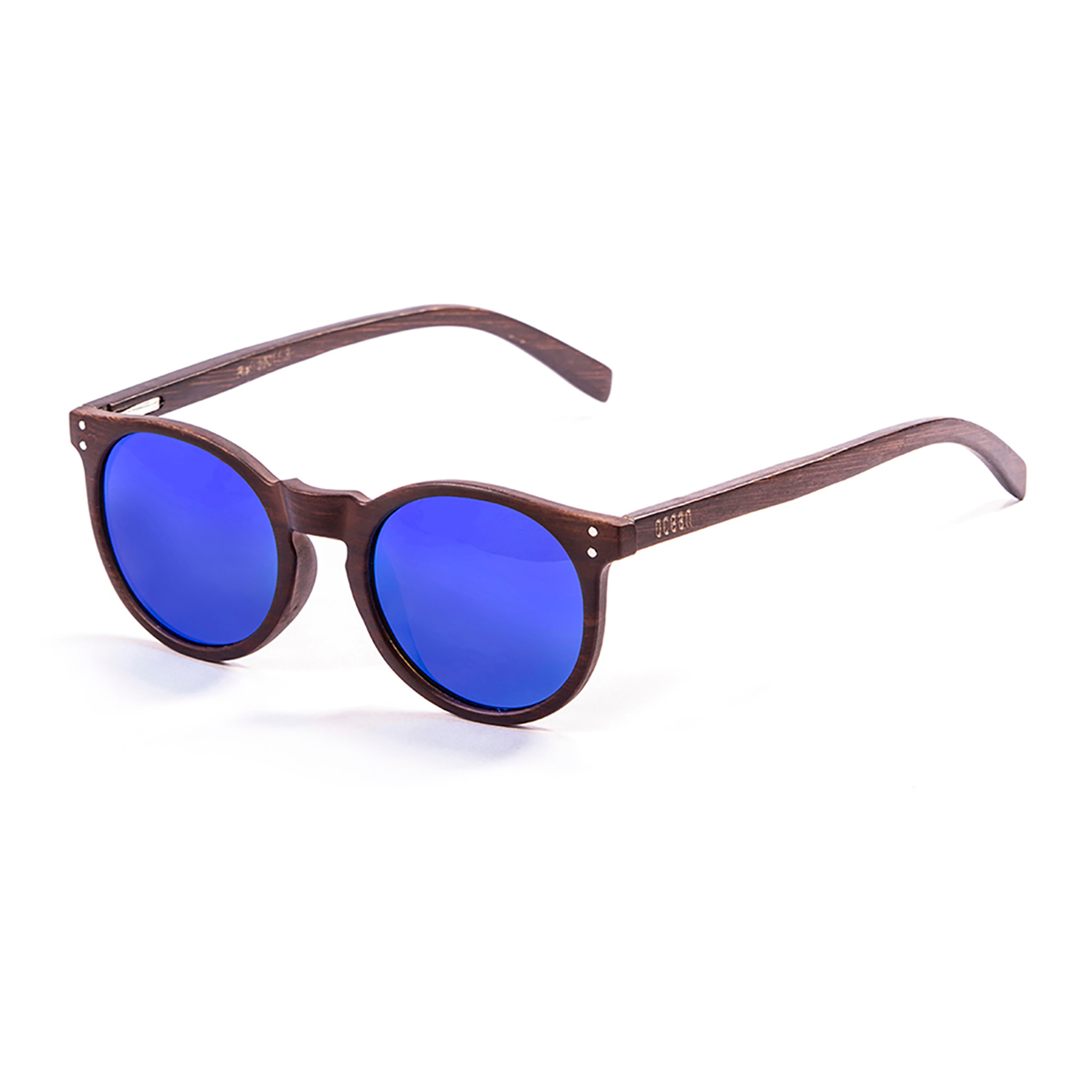 Gafas de sol OCEAN LIZARD WOOD - Marrón oscuro mate patilla marrón bambú con montura transparente blanco / Revo azul