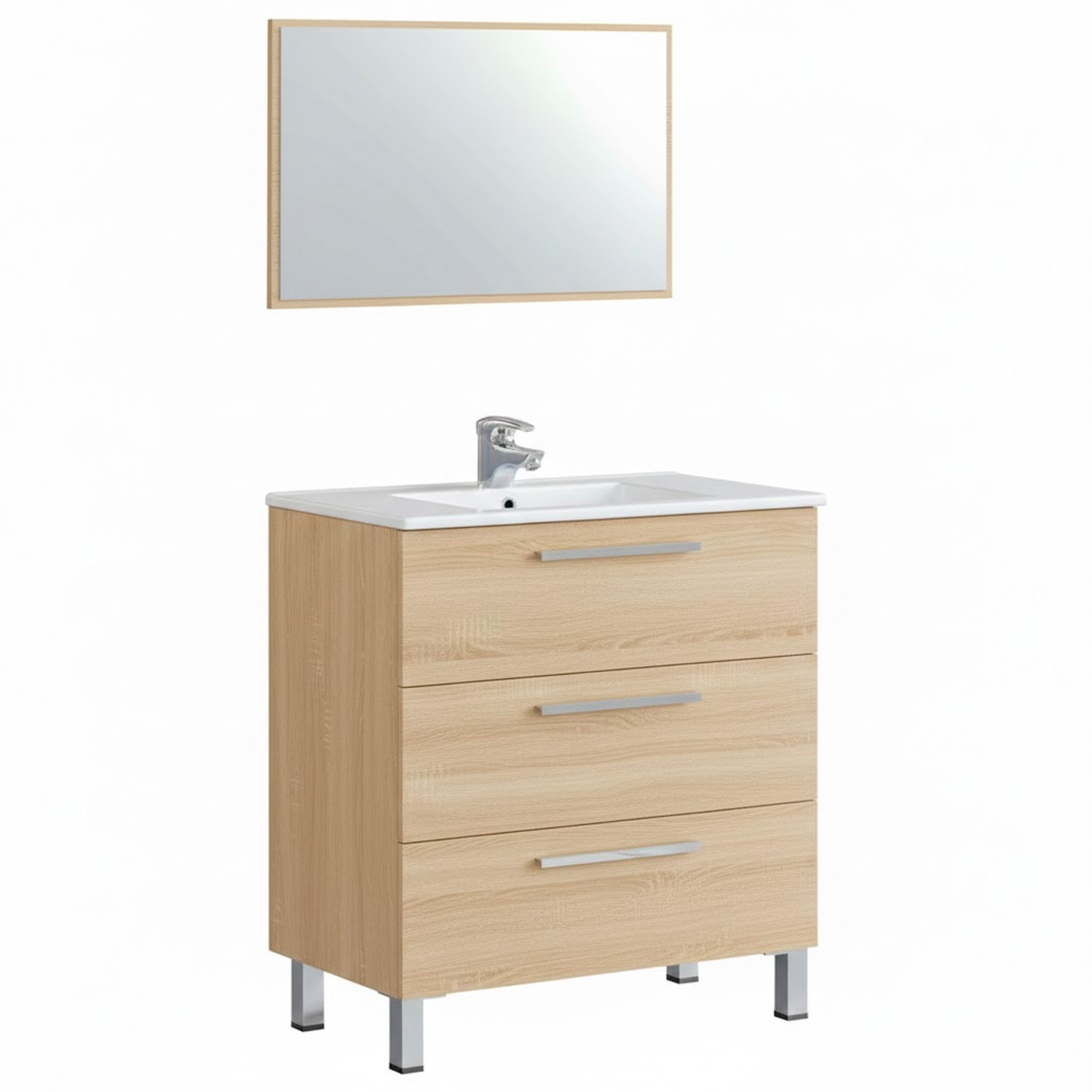 Mobile Bagno A Terra Con 3 Cassetti Lavabo In Ceramica E Specchio 77 x 50 Cm Inclusi Design Moderno Salvaspazio 80 x 45 x 86 Cm Colore Rovere Chiaro