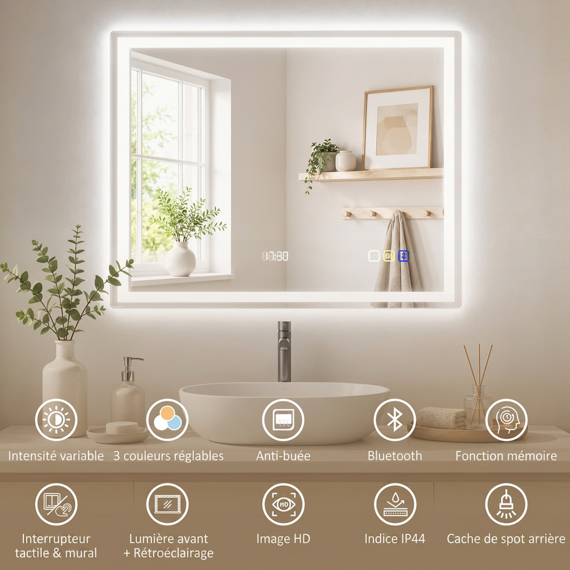 Miroir lumineux LED salle de bain 90 x 70 cm bluetooth interrupteur tactile lumière réglable 3 couleurs fonction anti-buée et mémoire