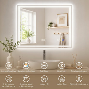 Miroir lumineux LED salle de bain 90 x 70 cm bluetooth interrupteur tactile lumière réglable 3 couleurs fonction anti-buée et mémoire