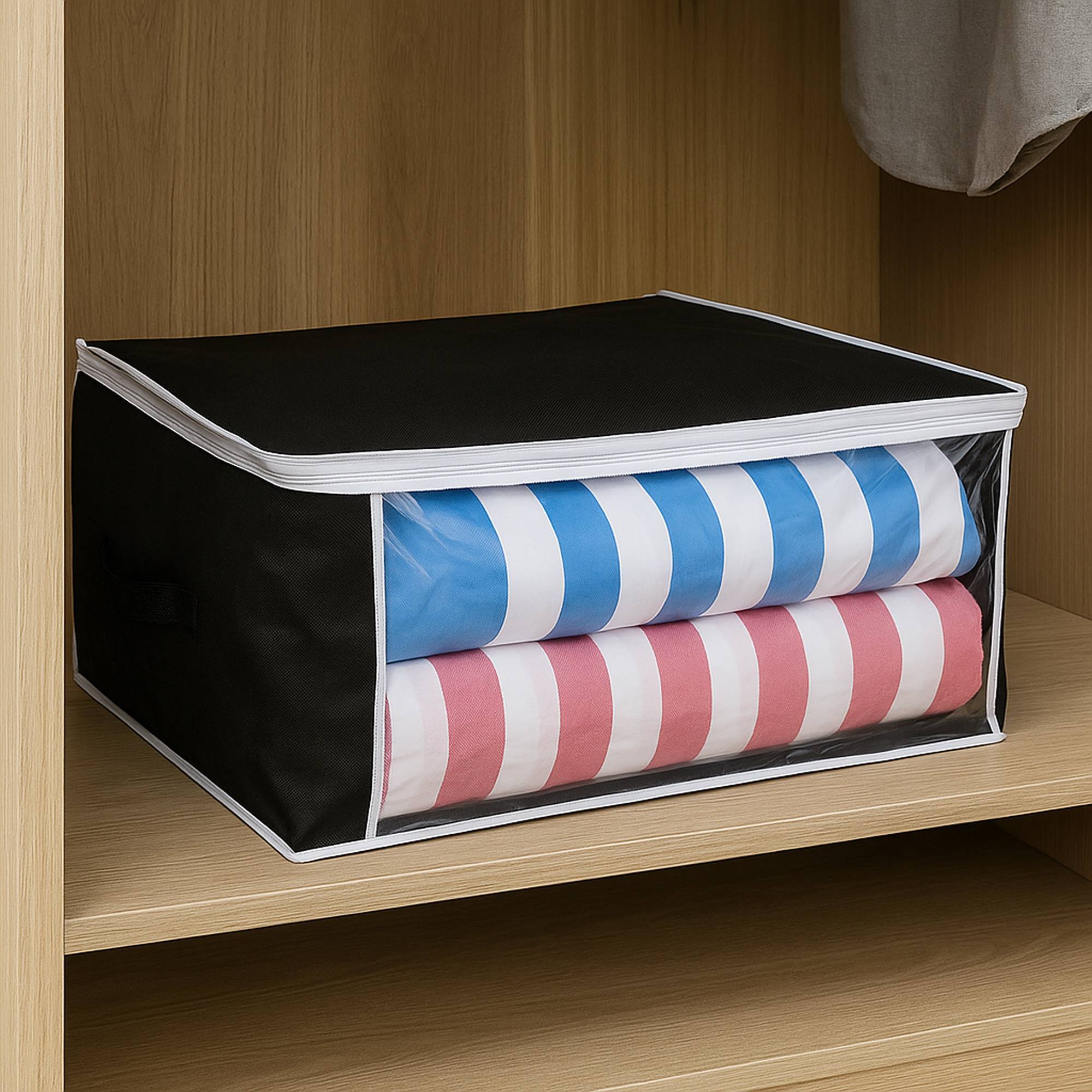 Well home bolsa de almacenamiento transparente, resistente y espaciosa 60x45x30cm color negro con ribetes blancos