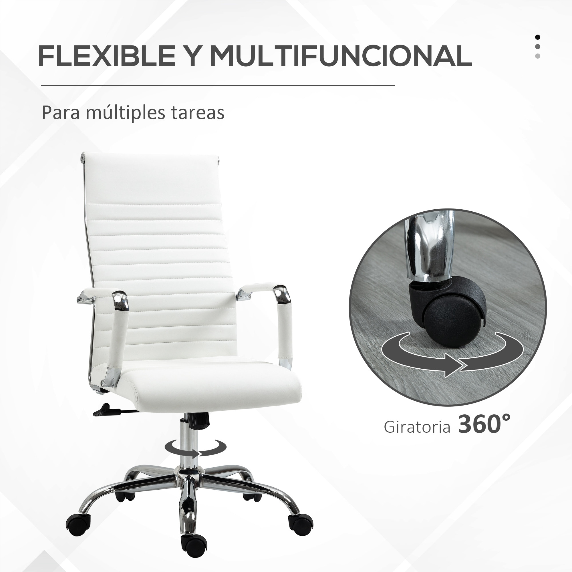 Silla de Oficina Silla de Escritorio Giratoria 360° Basculante con Altura Ajustable y Reposabrazos Tapizado en Piel Sintética 54x62x104-114 cm Blanco