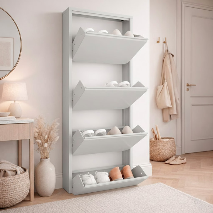 Scarpiera Slim In Metallo 4 Ante A Ribalta Ultra Sottile Salvaspazio Mobile Portascarpe Moderno Ingresso Camera Corridoio 138 x 50 x 15 Cm Grigio