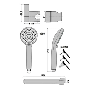 Pommeau de douche + support + flexible PAINI Ruby Rond Chrome