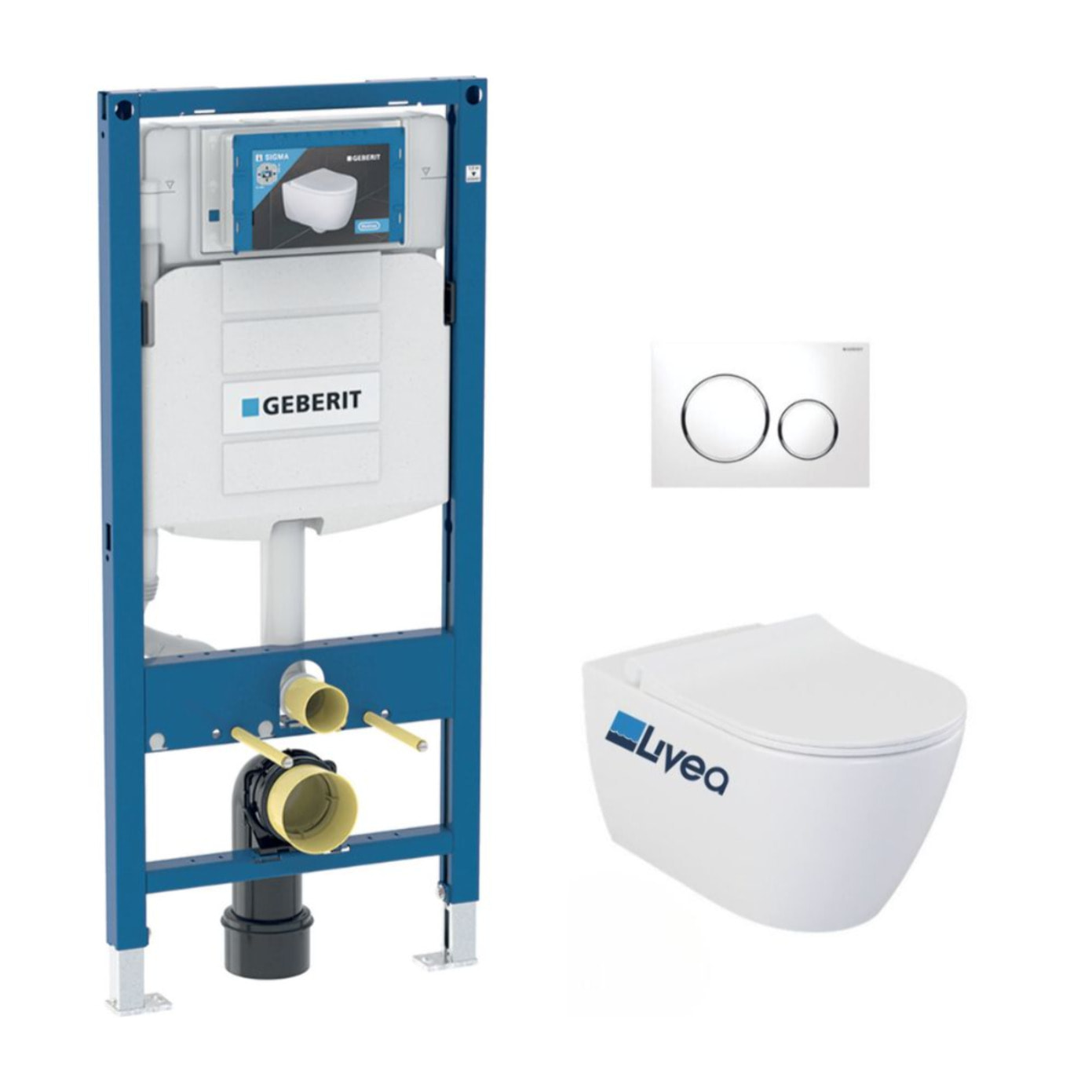 Pack Bati-support Geberit UP320 + WC sans bride Livea Bello + Abattant softclose + Plaque blanc chrome (GebBello-C)