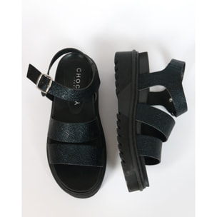 SANDALO FLATFORM TRE FASCE CHOCOLA' BLU