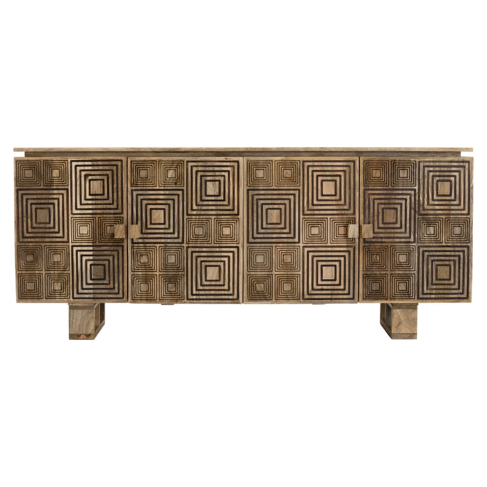 INDRA - Buffet bois Manguier 177x45cm 4 portes 2 étagères motifs noirs Goa