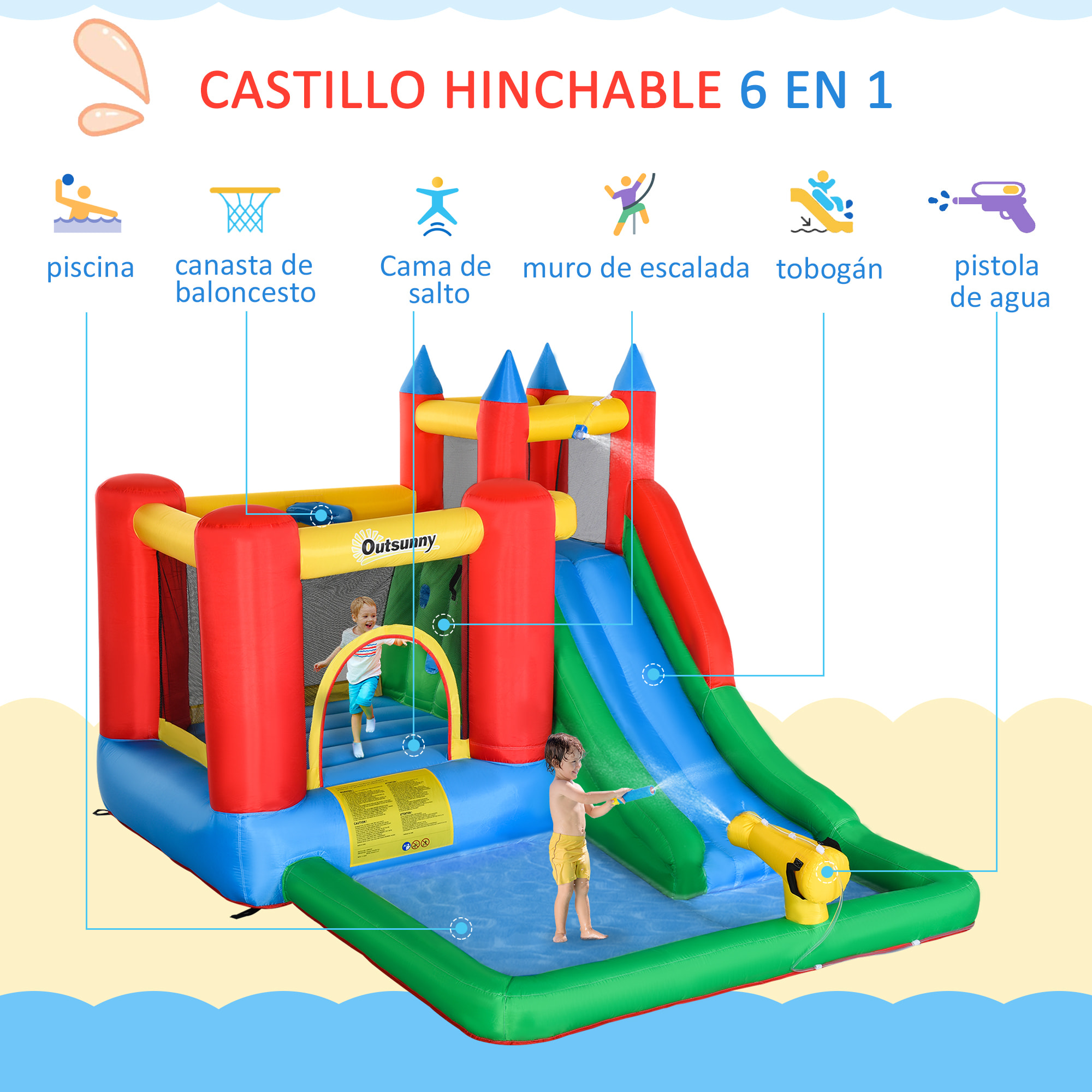 Castillo Hinchable con Tobogán Cama de Salto y Piscina para Niños +3 Años con Inflador y Bolsa de Transporte para Interior Exterior 330x245x215 cm Multicolor