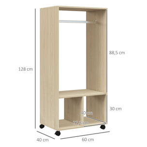 Armoire penderie étagère 2 niches penderie 4 roulettes pivotantes dim. 60L x 40l x 128H cm coloris chêne clair