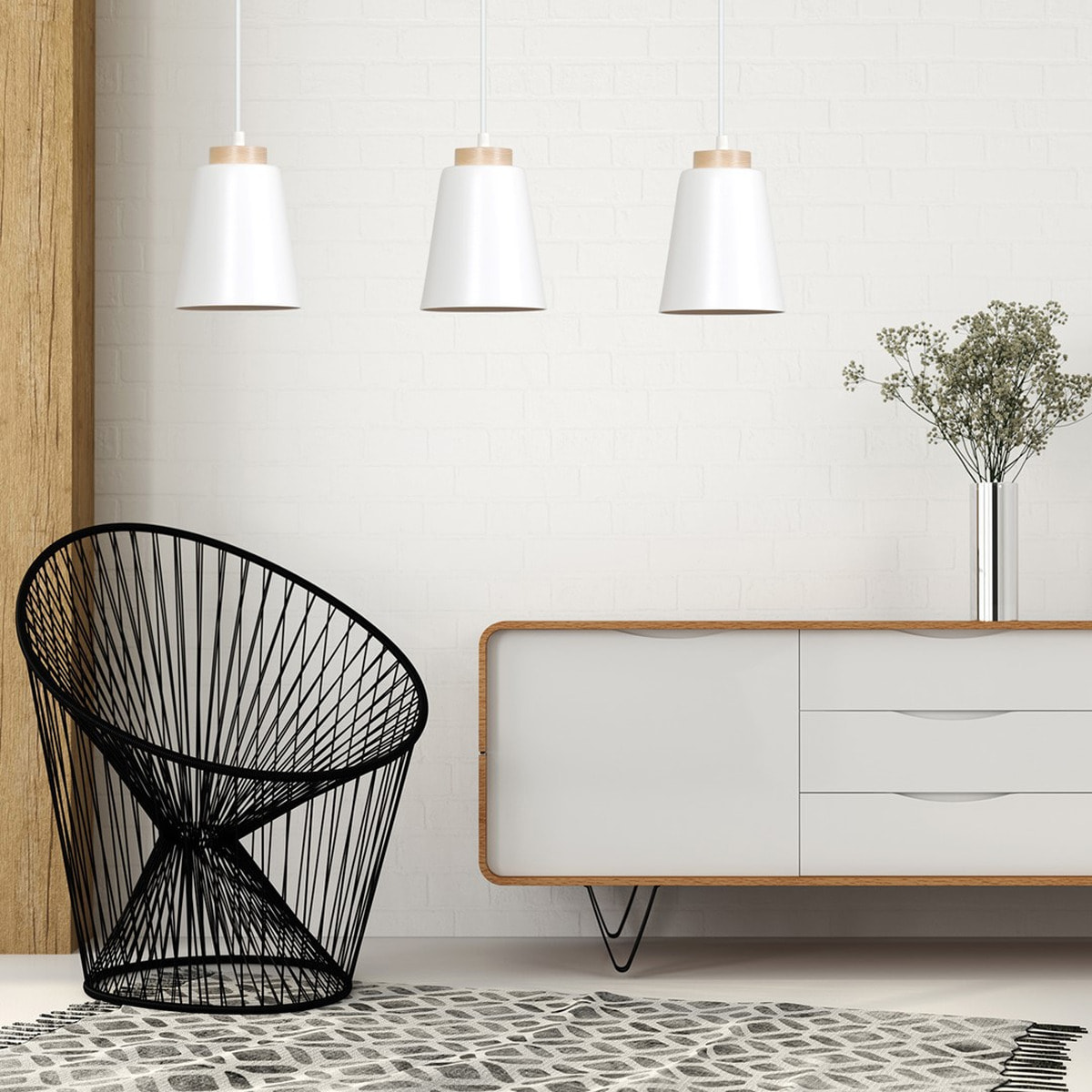 Lampada a sospensione Bolero in acciaio bianco opaco e legno