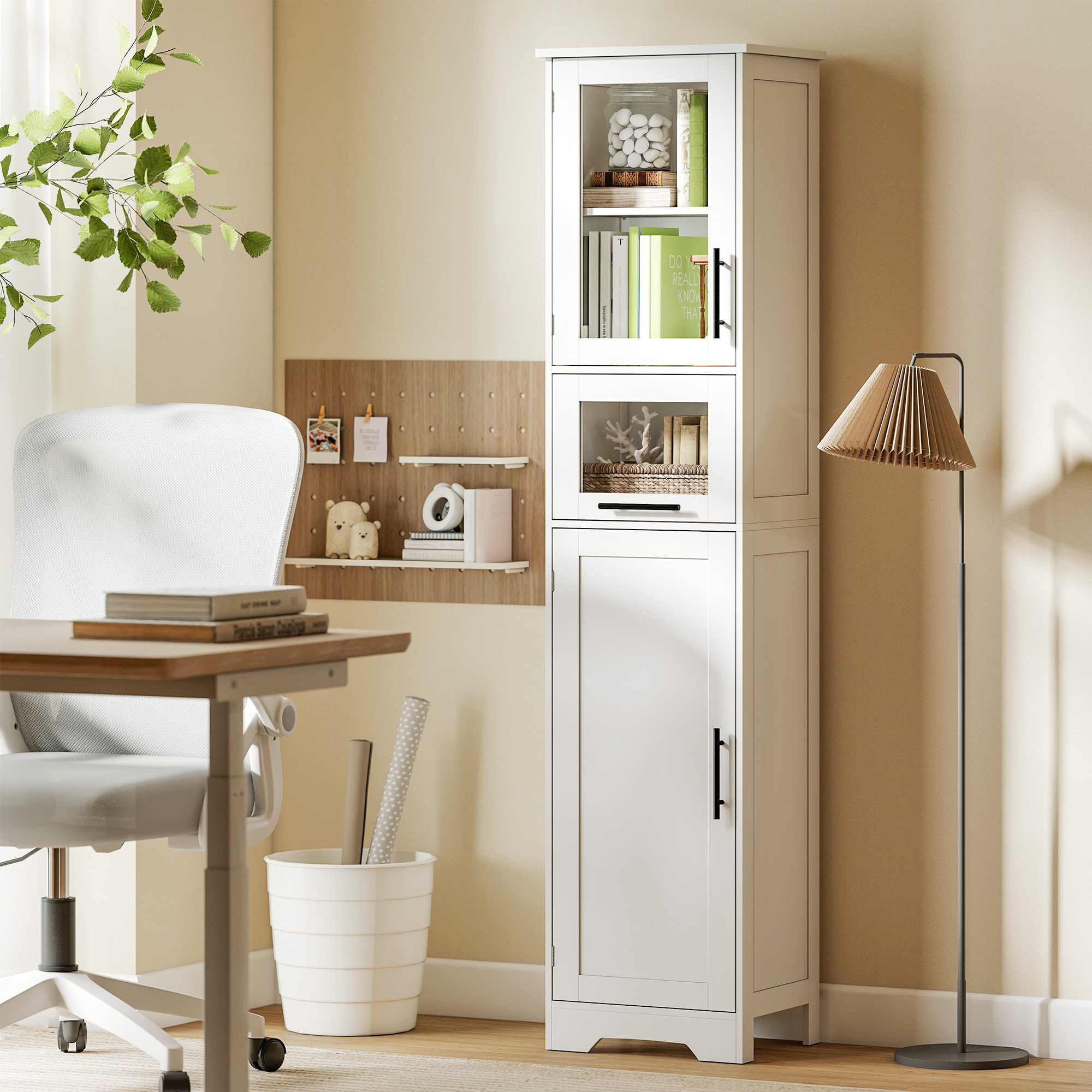 Armario de Baño Alto, Mueble Auxiliar de Baño con Puerta de Vidrio, Estantes Ajustables, Cajón, Columna Estrecha para Espacios Pequeños, 40x31x170 cm, Blanco