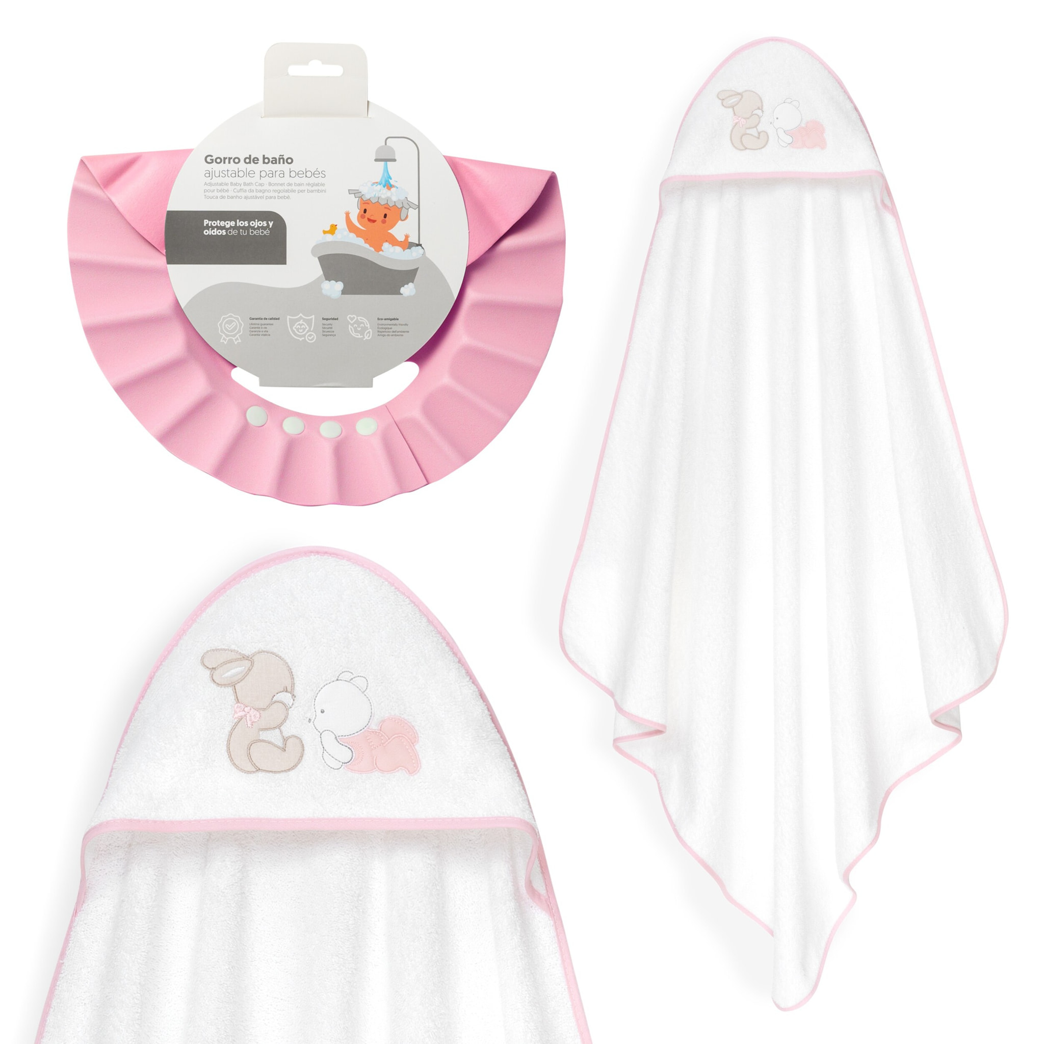 Capa Baño 1X1 Mod Oso Tumbado Conejito+Gorro Bco/Rosa
