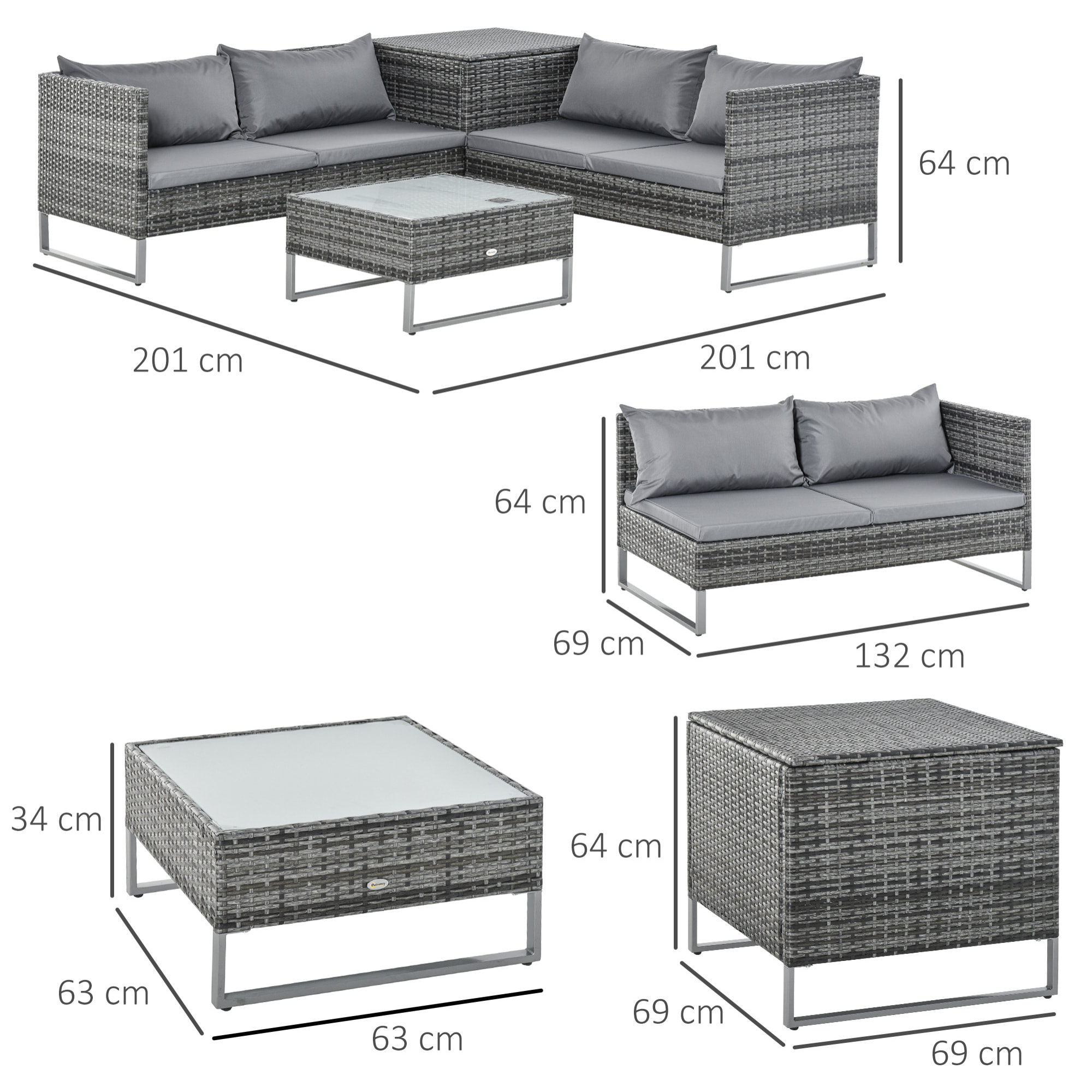 Set Muebles de Jardín 4 Piezas de Ratán 2 Sofá Doble 2 Mesa Gran Almacenaje Gris