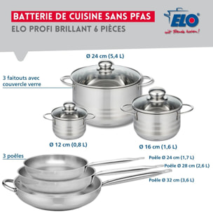 Ensemble de 3 Poêles de cuisson 24, 28 et 32 cm et 3 faitouts 12, 16 et 24 cm Elo Profi Brillant