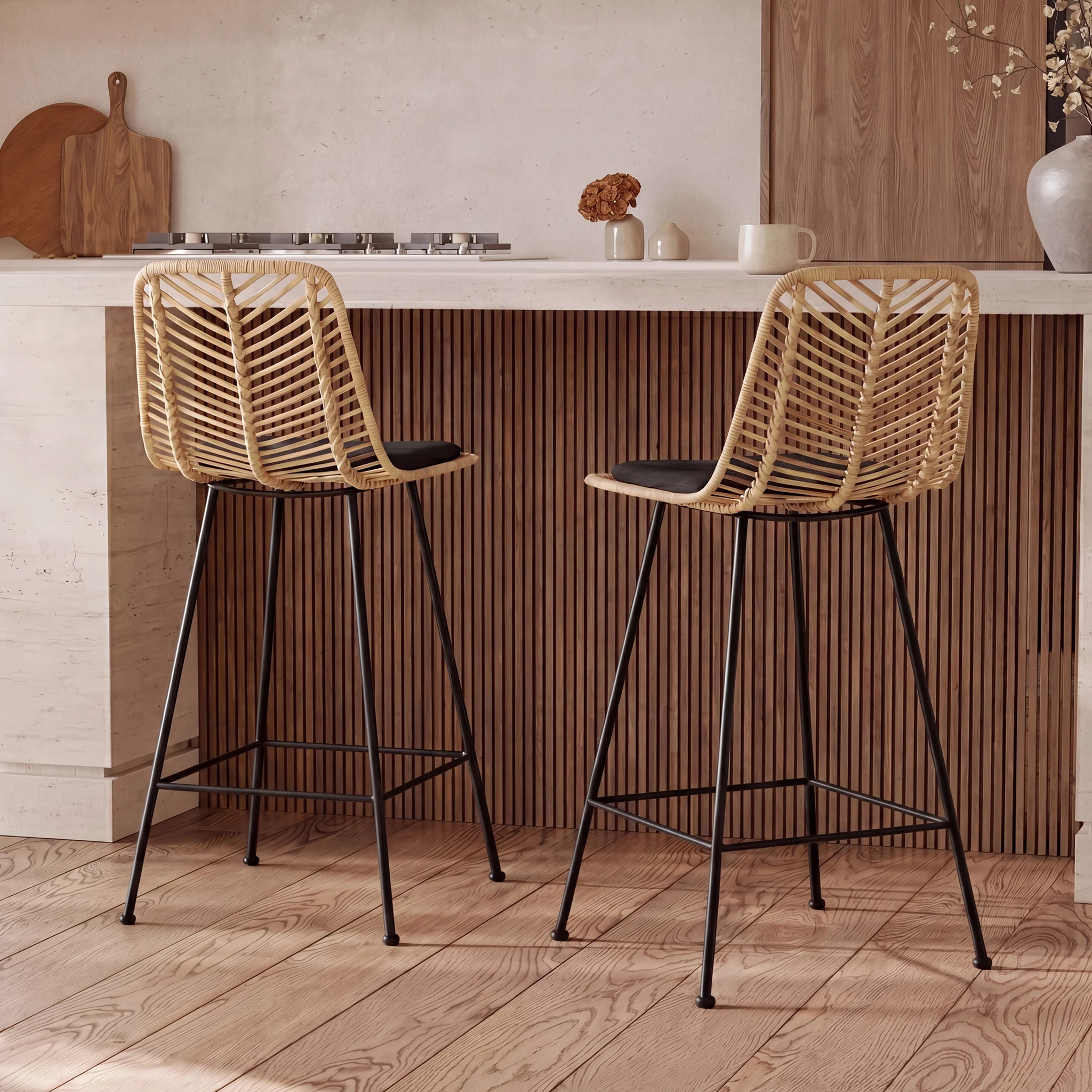 Lot de 2 chaises pour îlot central 66 cm en rotin naturel et noir - Tamara