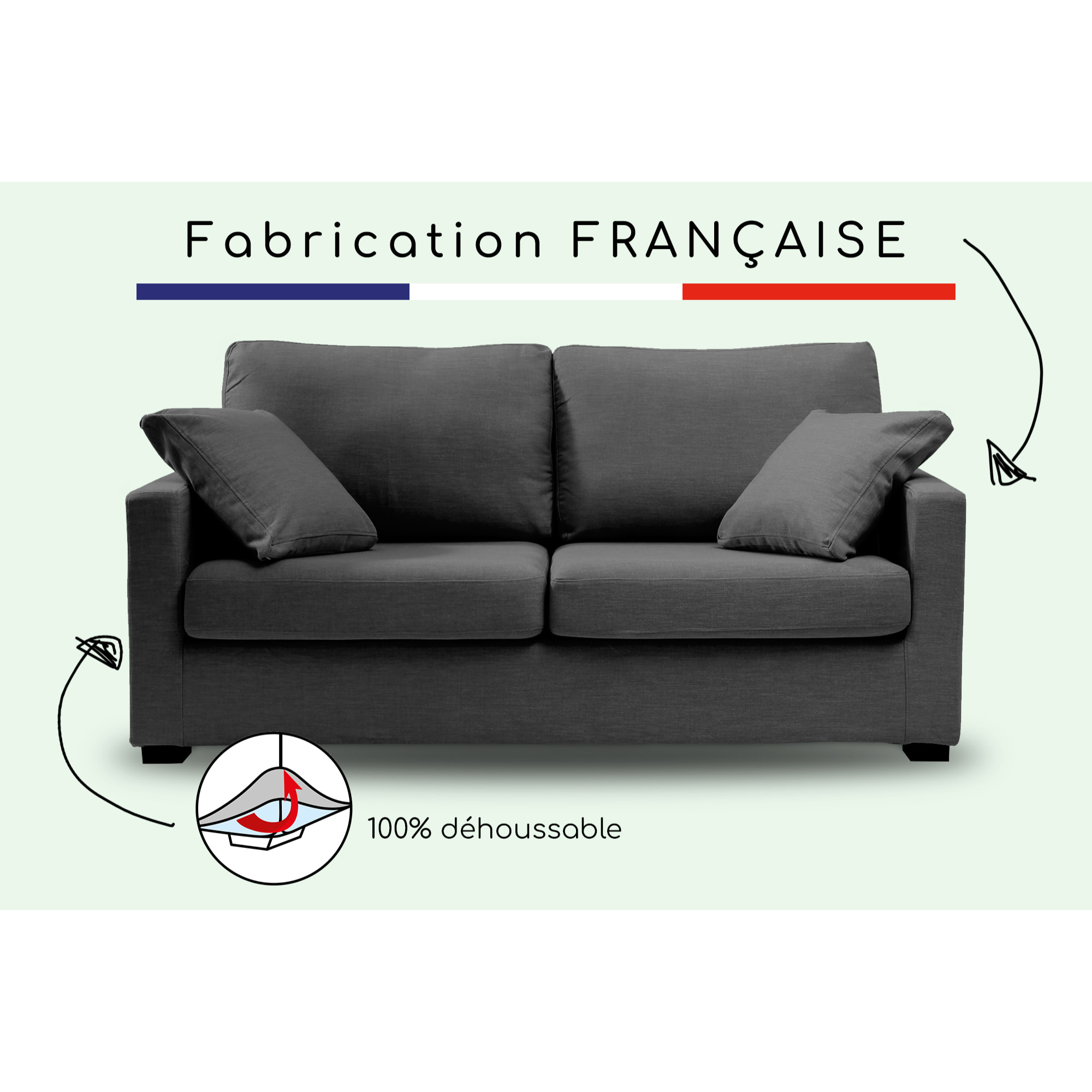 Canapé 3 pl LYS 175 cm fixe tissu Tradition Anthracite - 100% déhoussable - Fabriqué en France