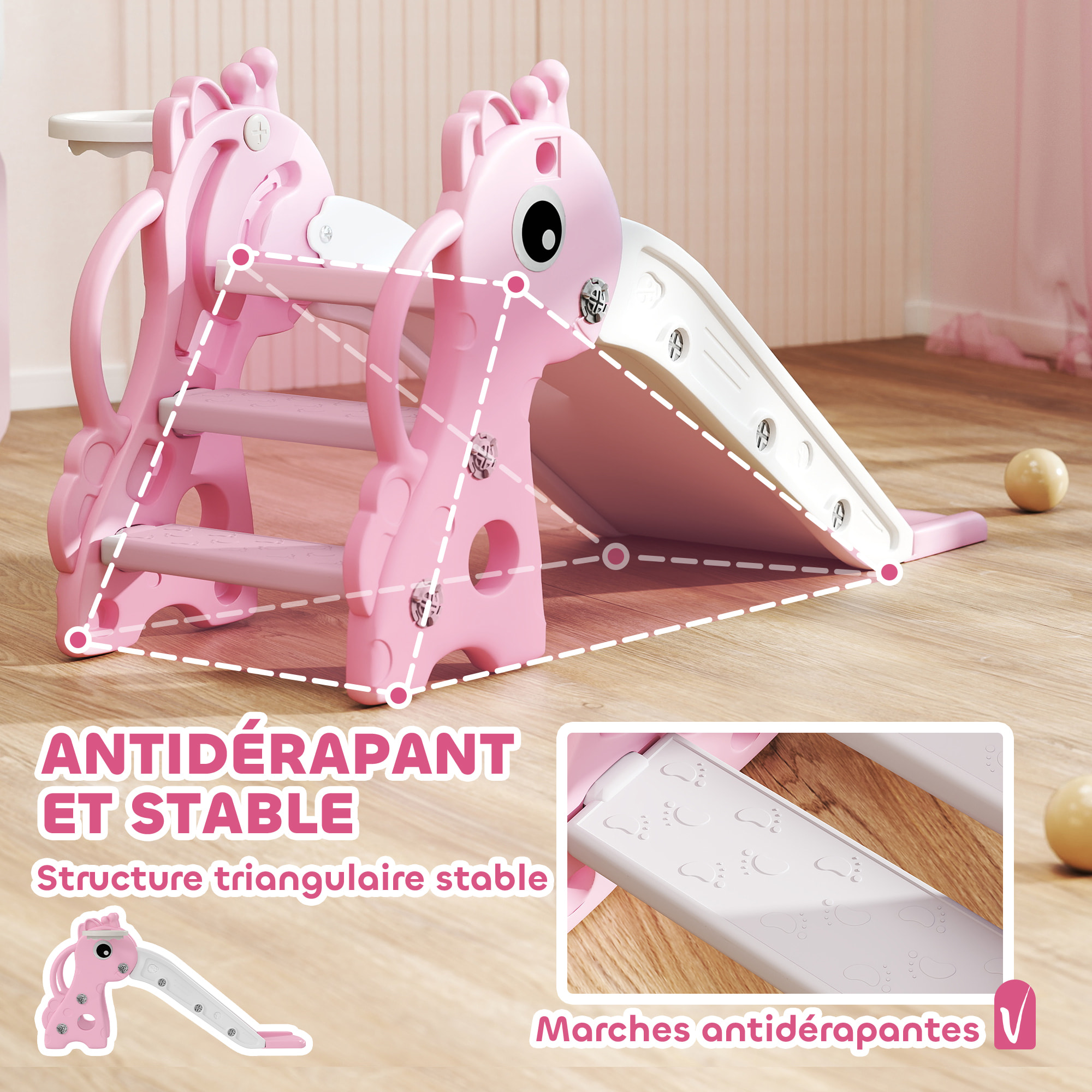 Toboggan enfant design girafon - panier de basket-ball intégré - ballon, pompe inclus - plastique rose blanc