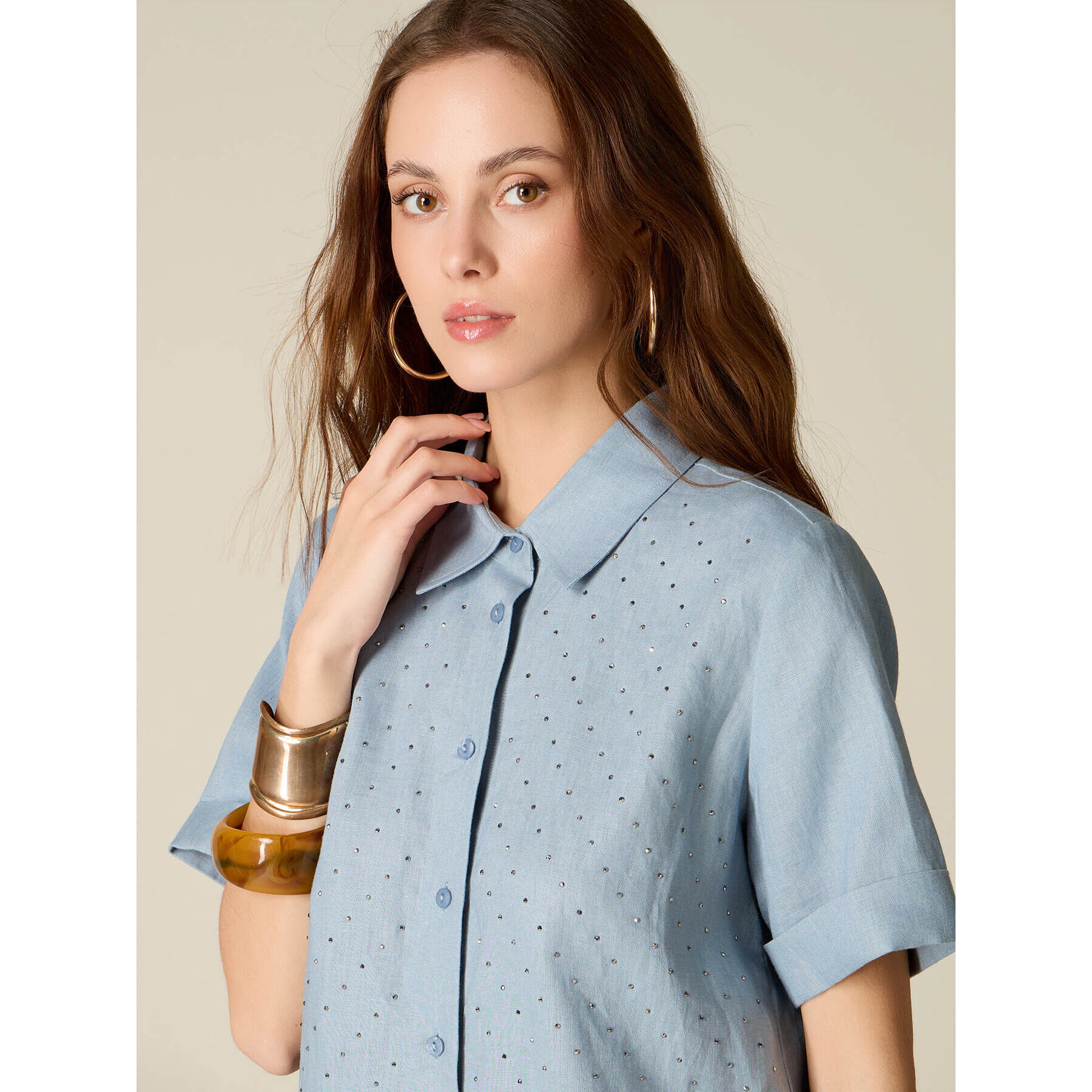 Oltre - Camisa de lino con cristales - Light - blue