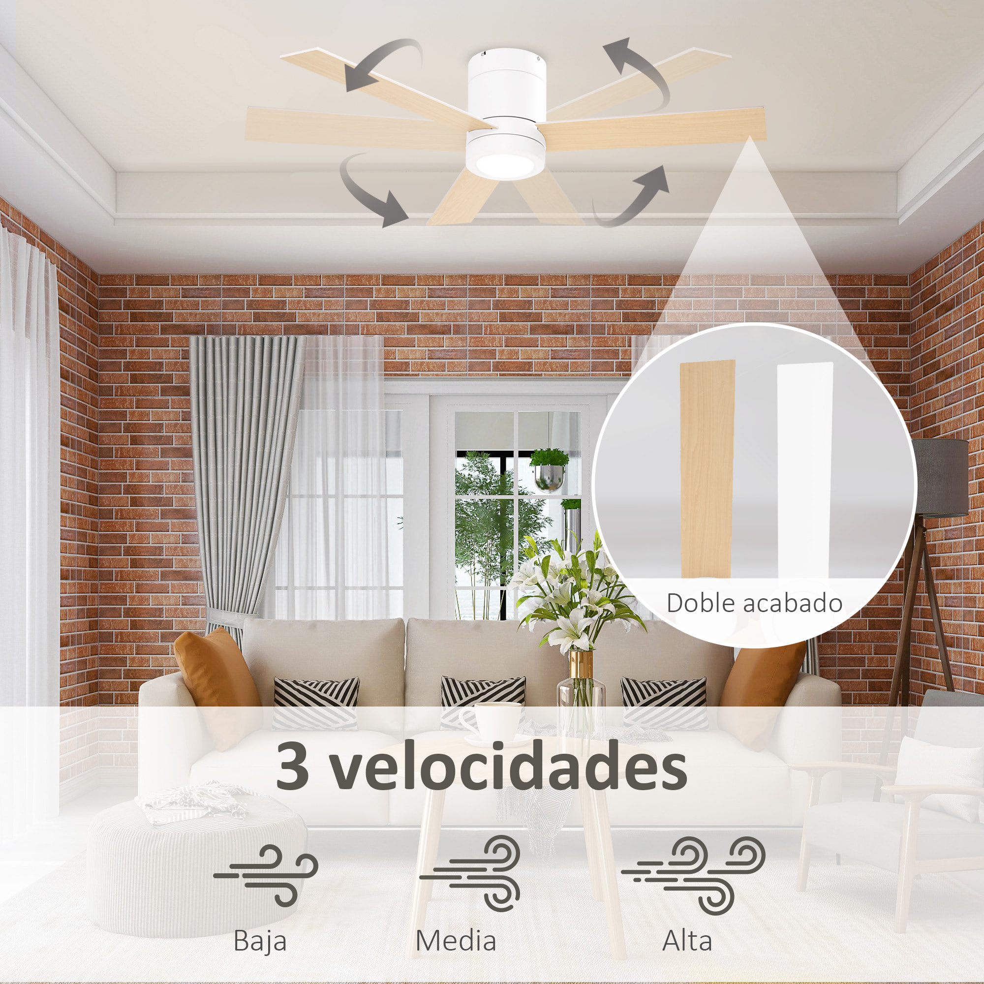 Ventilador de Techo con Luz LED Motor AC 48W Mando a Distancia 112 de Diámetro 3 Velocidades Temporizador 3 Aspas de Madera Silencioso para Dormitorio Salón Comedor 112x112x25 cm Blanco