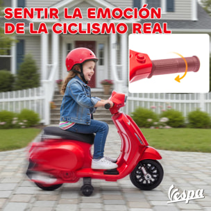 Moto Eléctrica para Niños 6V con Licencia Vespa, Moto Eléctrica Infantil con Ruedas Auxiliares de 6,9'', Velocidad de 2,5km/h, Faro y Bocina, para Niños de 2-6 Años, Rojo