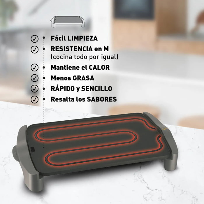 Plancha de cocina eléctrica JATA GR555A de 46 x 28 cm. Antiadherente. Resistencia patentada. Fabricada en España