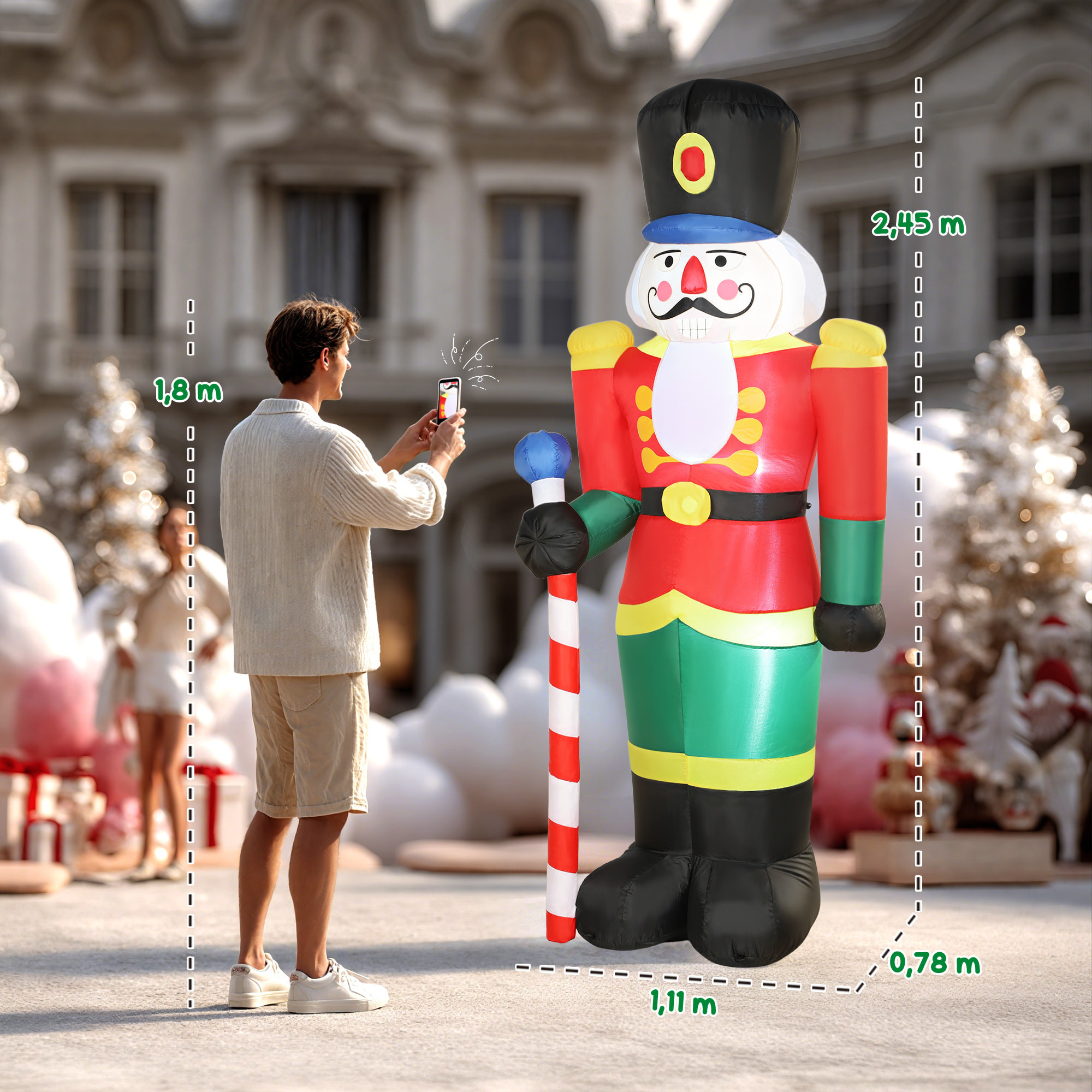 Casse-noisette Noël gonflable H.245 cm LED intégrées sceptre kit installation complet