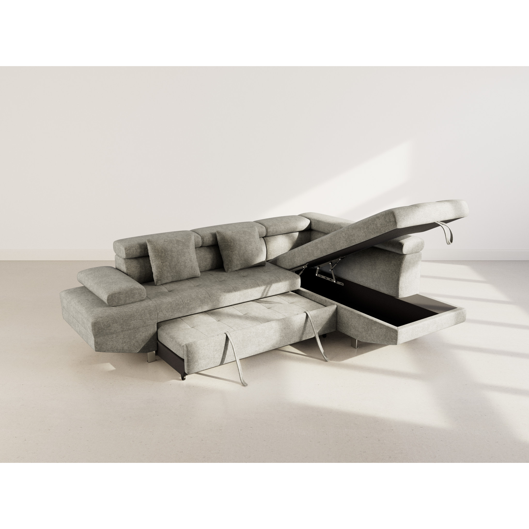 Margaux - Canapé d'angle droit 5 places convertible avec coffre et têtières réglables en velours texturé - Vert