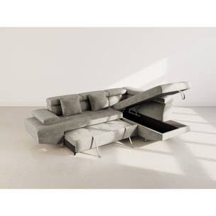 Margaux - Canapé d'angle droit 5 places convertible avec coffre et têtières réglables en velours texturé - Vert