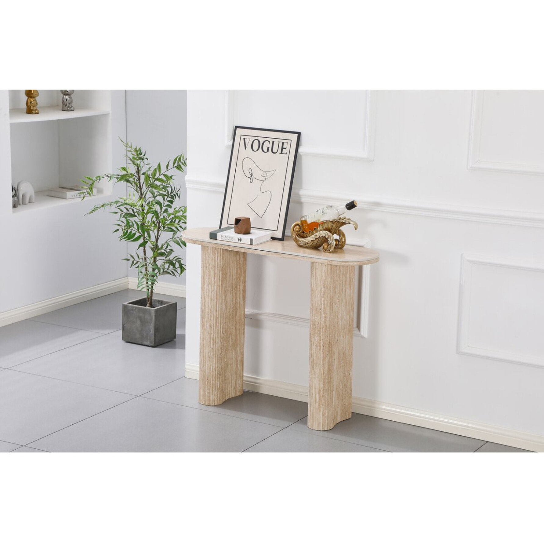 Table console travertin en céramique "Alba" - 100 x 30 x 80 cm - Marron