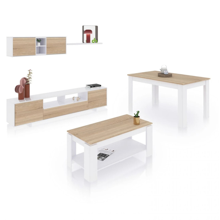 Pack salón con mesa de centro y mesa de comedor Kenzo Max V1A Blanco Artik (Blanco Mate) - Roble Canadian