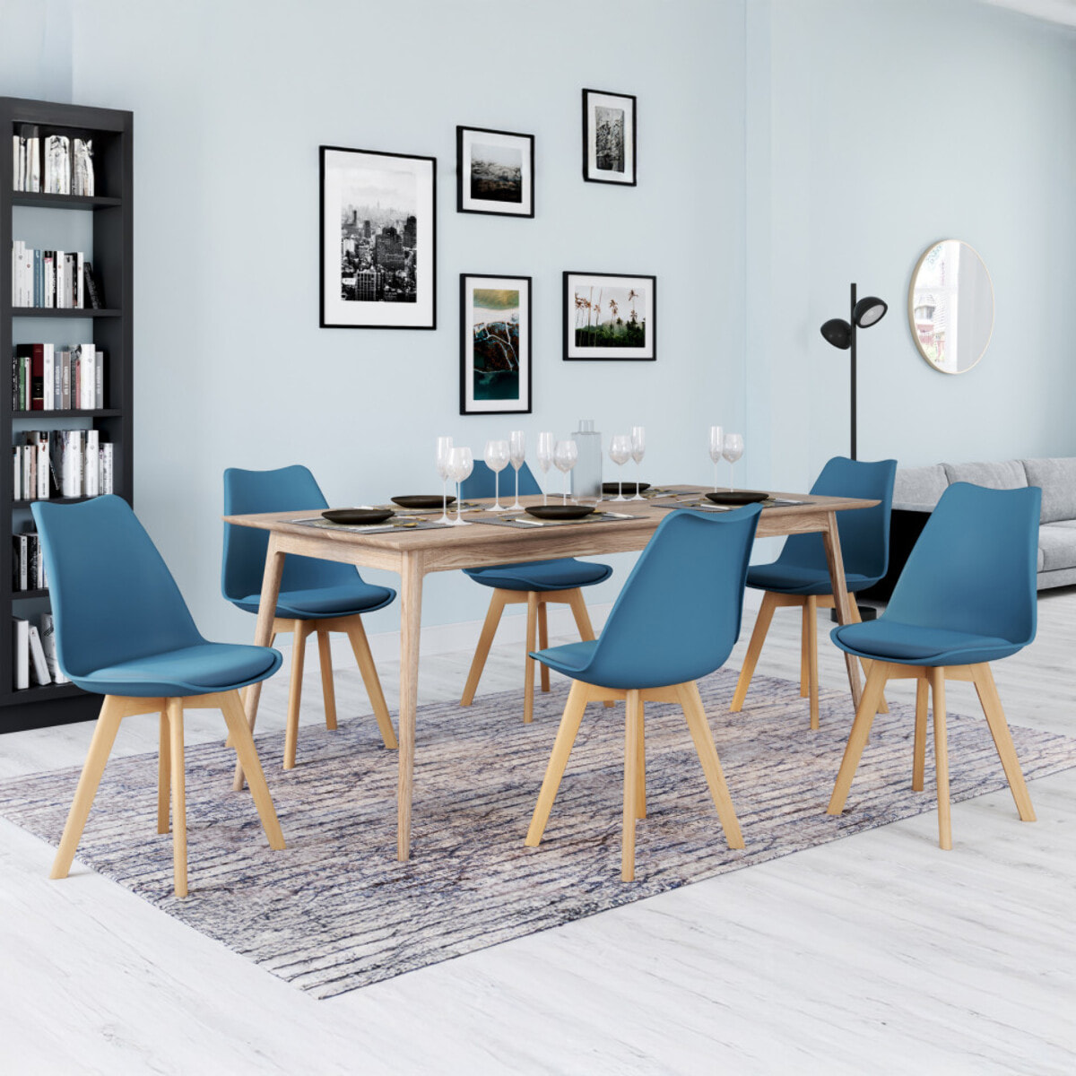 Chaises Nordia bleu canard pieds bois - lot de 6