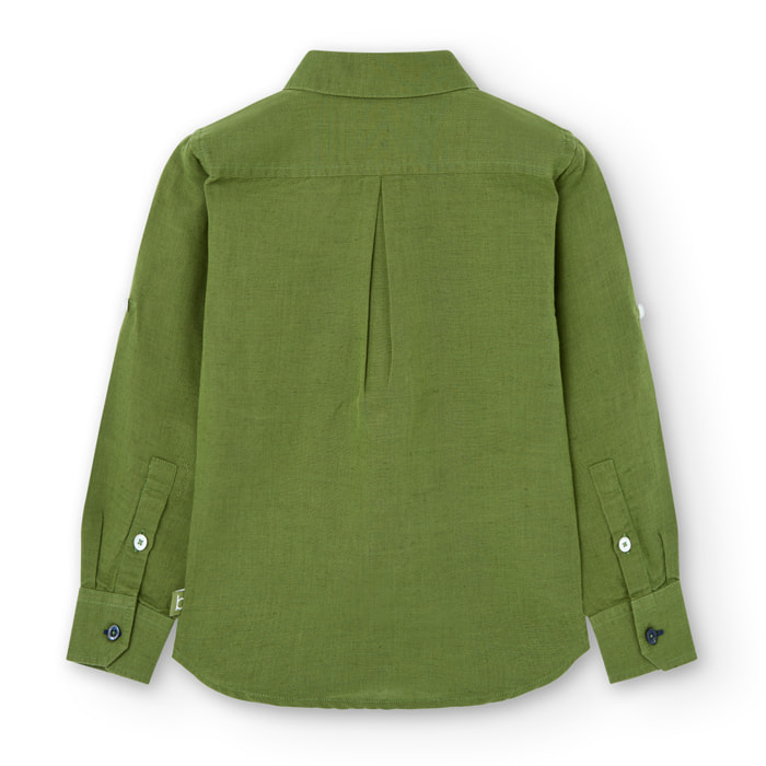 Camisa larga niÃ±o, lino estampada lisa, verde militar