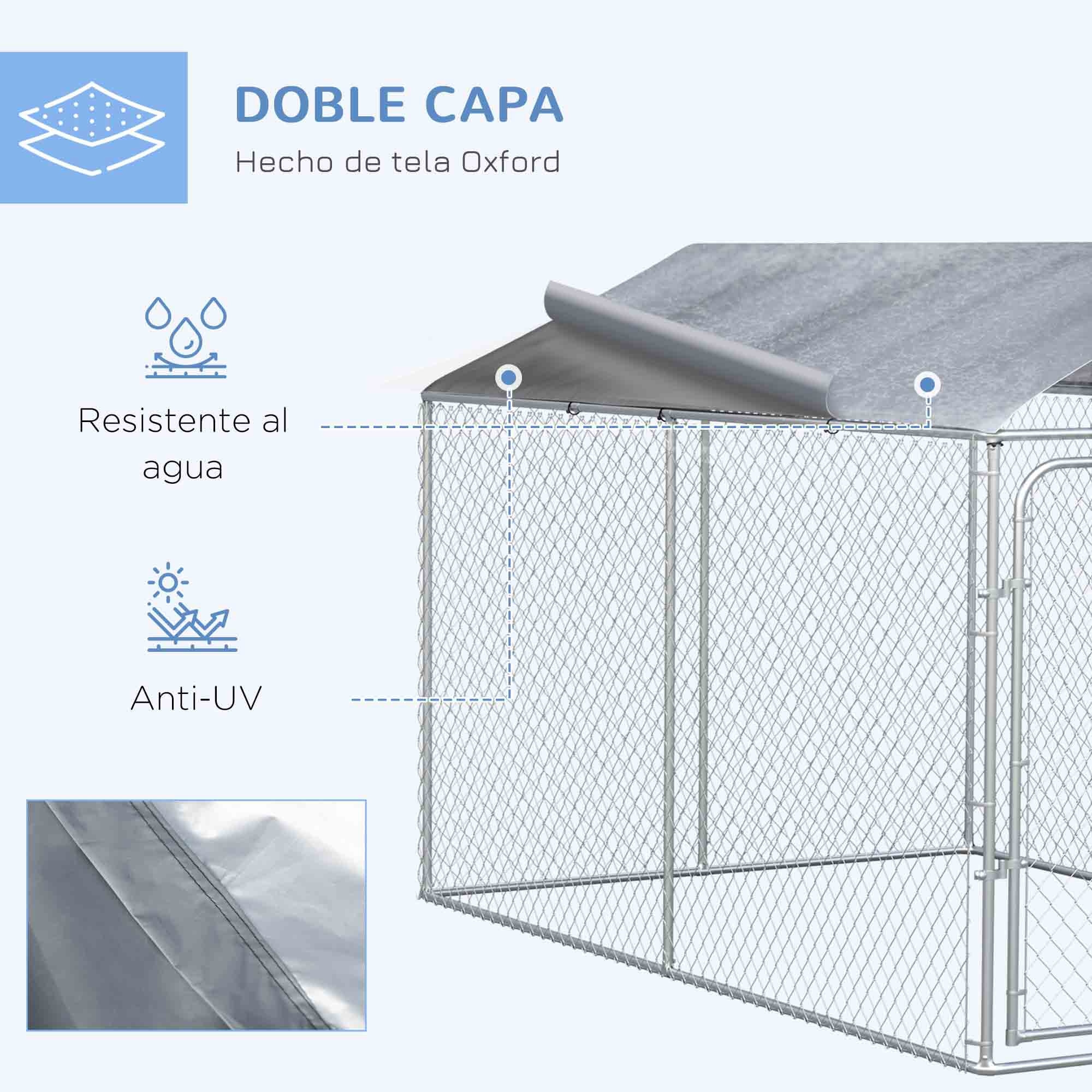 Perrera de Exterior con Toldo Anti-UV Impermeable Parque para Perros con Puerta con Pestillo y Marco de Metal Galvanizado para Patio Jardín Terraza 4x2,3x2,3 m Plata