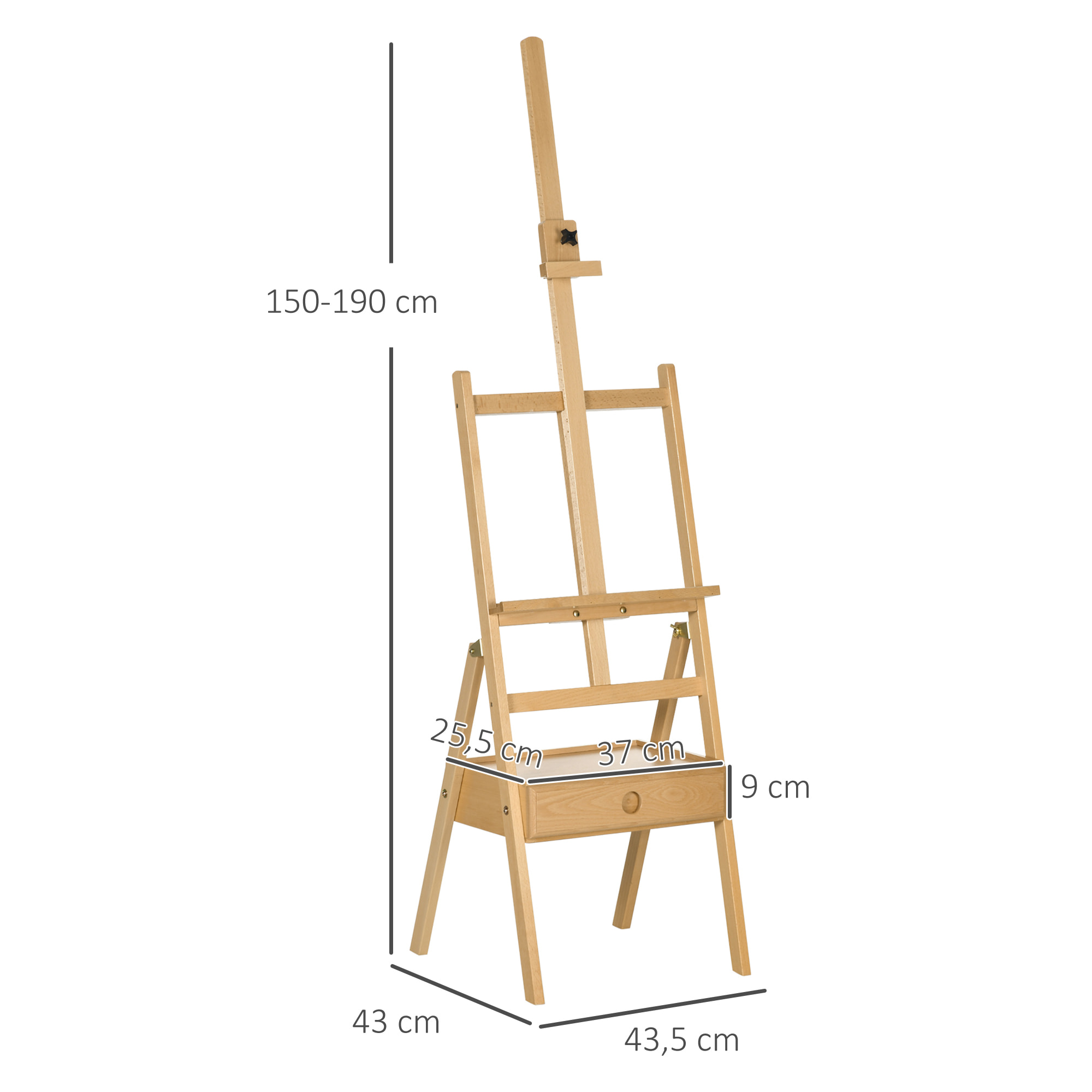 Chevalet sur pied avec tiroir - chevalet d'artiste - hauteur réglable - bois de hêtre verni