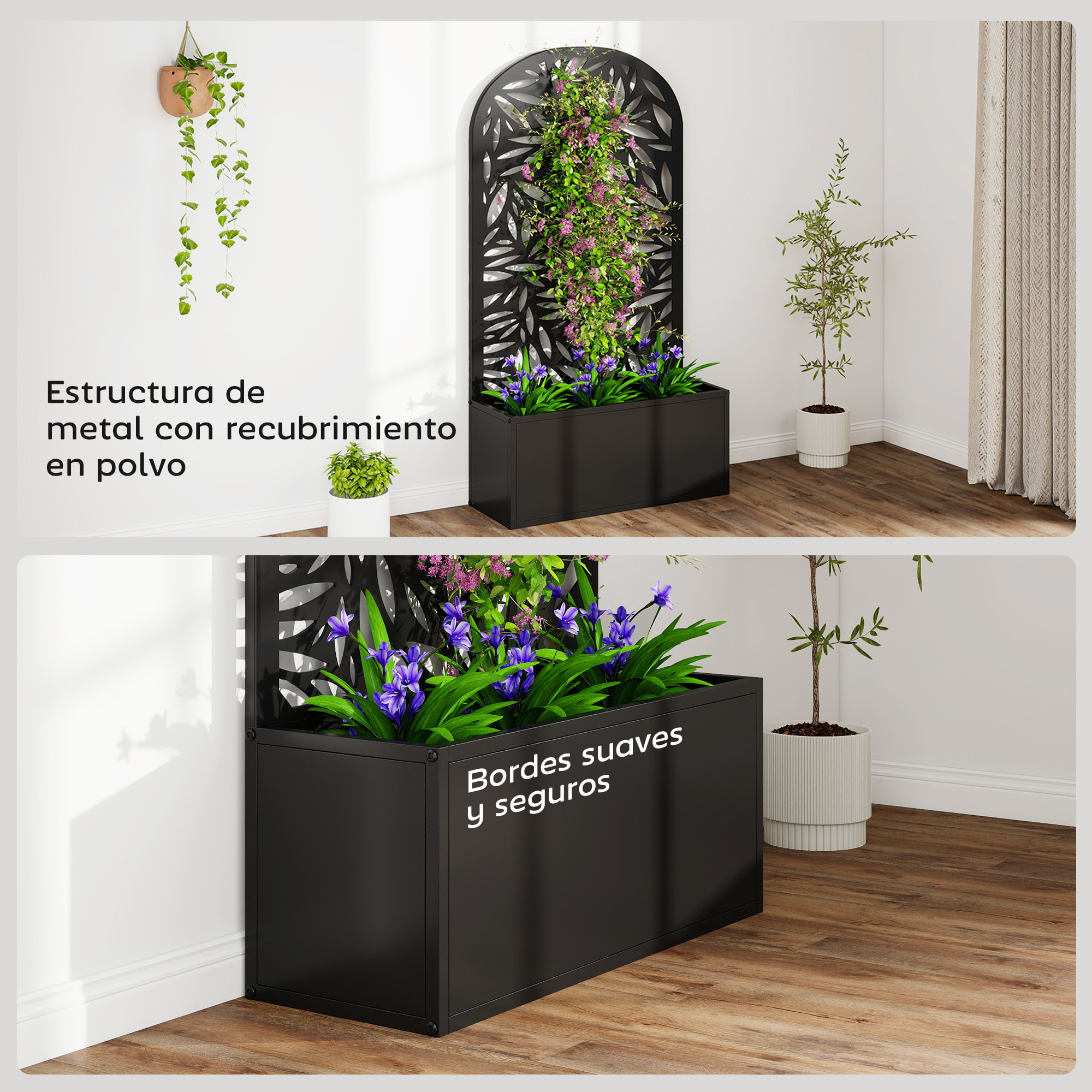 Jardinera Exterior Grande de Metal, Jardinera con Pantalla de Privacidad Curva de Hojas Decorativas, Macetero de Pared o Independiente para Plantas Trepadoras, Patio, 61x23x113 cm, Negro