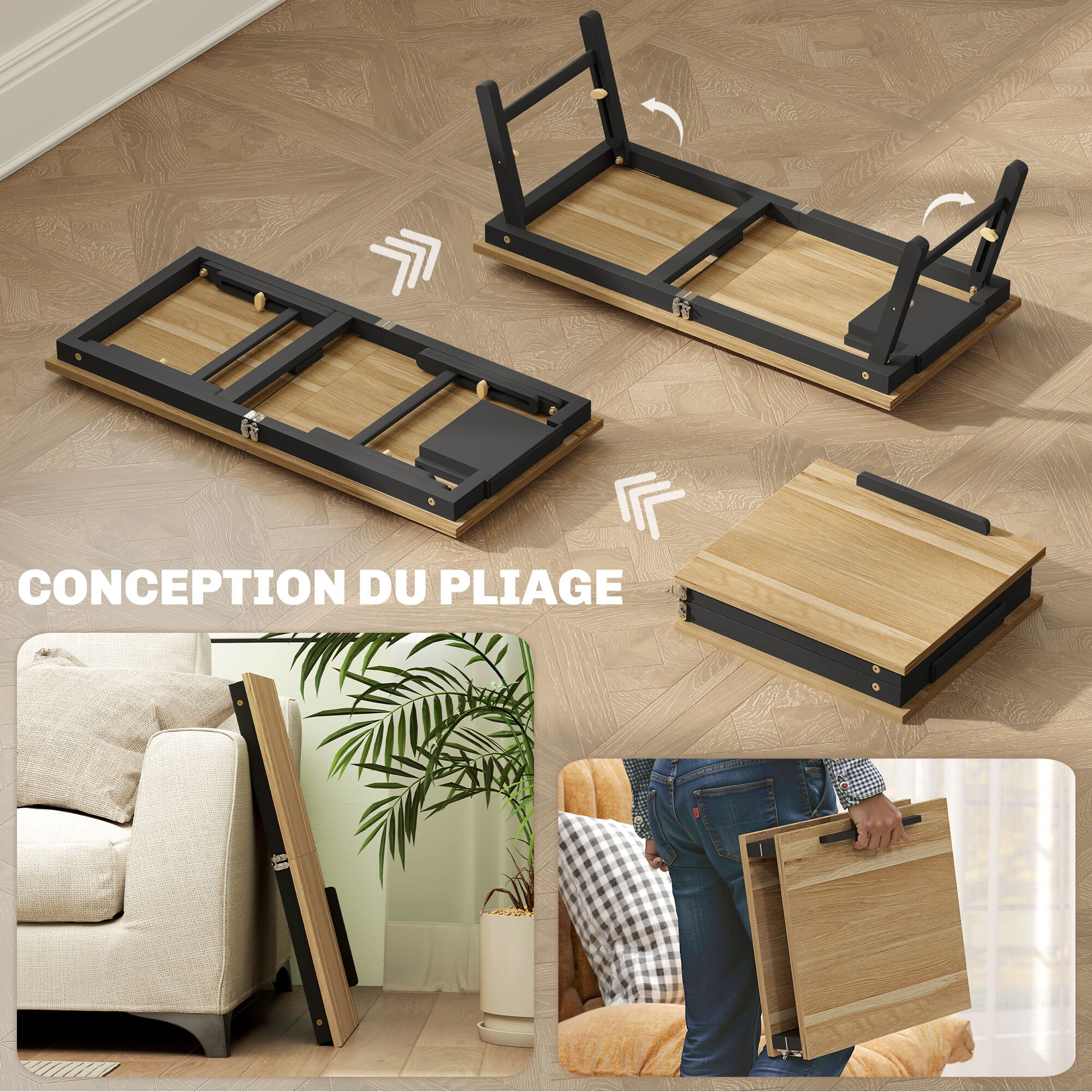 Table de lit pliable réglable pour ordinateur - plateau inclinable, tiroir - bois bambou MDF noir