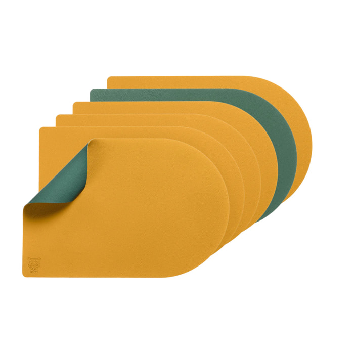 Set de table rectangovale réversible - 6 pièces - Cuir recyclé jaune moutarde et vert sapin