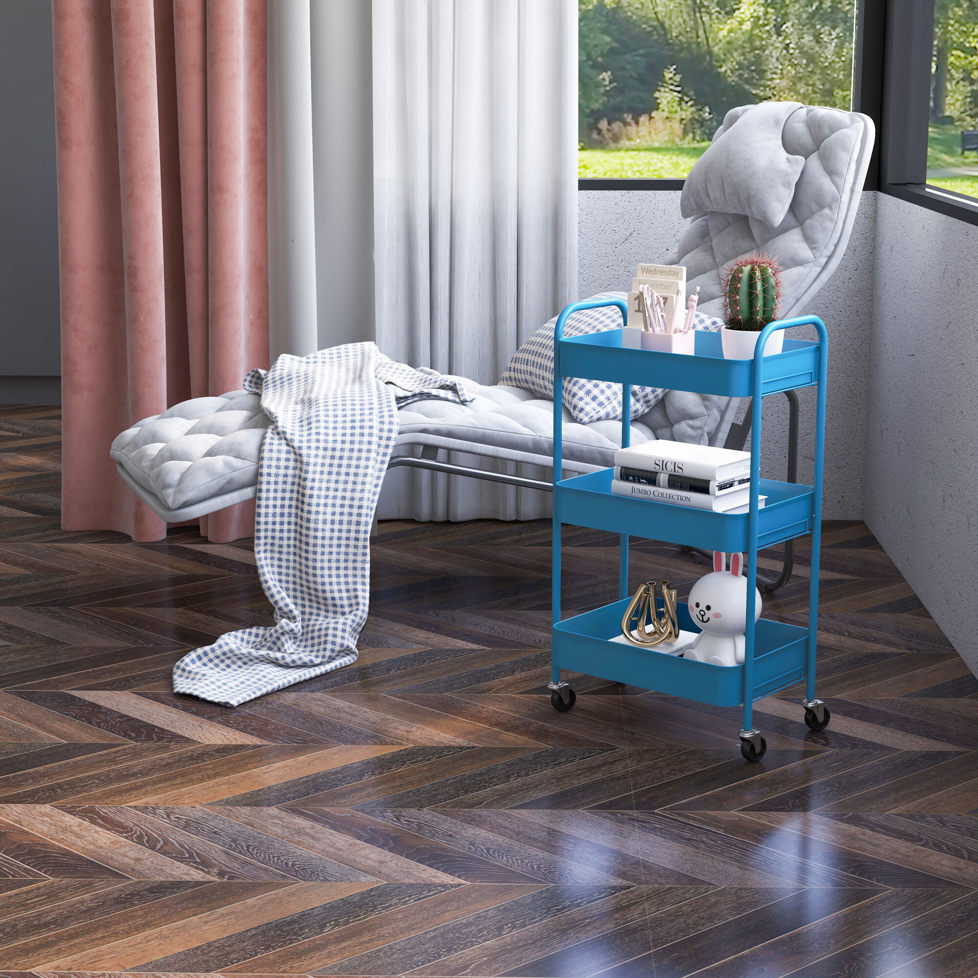 Carrito Auxiliar con Ruedas Carrito de Almacenamiento con 3 Cestas y Marco de Acero para Salón Dormitorio Oficina Cocina 45x30,6x79 cm Azul Oscuro