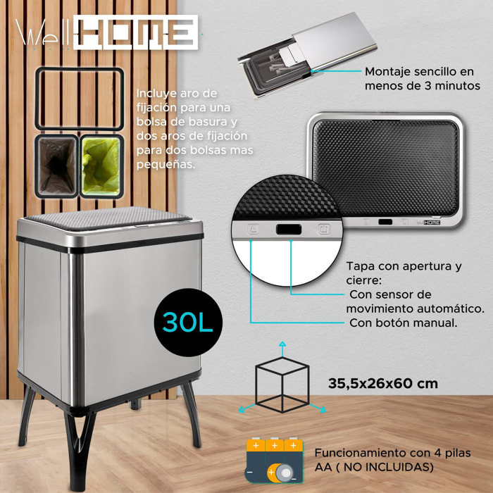 Well home - cubo de basura inteligente para reciclaje con apertura automática y contacto manual 15l+15l 35,5x26x60cm color gris
