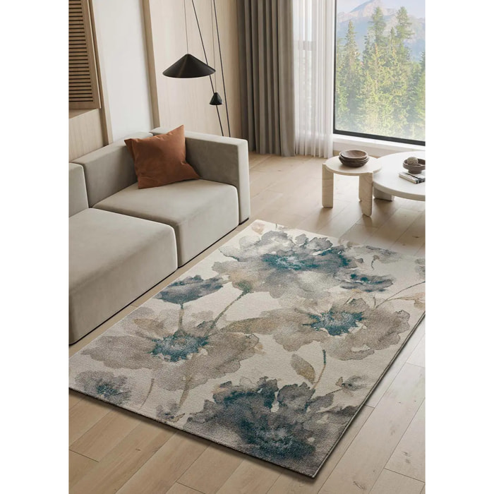 SARA Alfombra con flores en tonos beige y azules, varias medidas disponibles