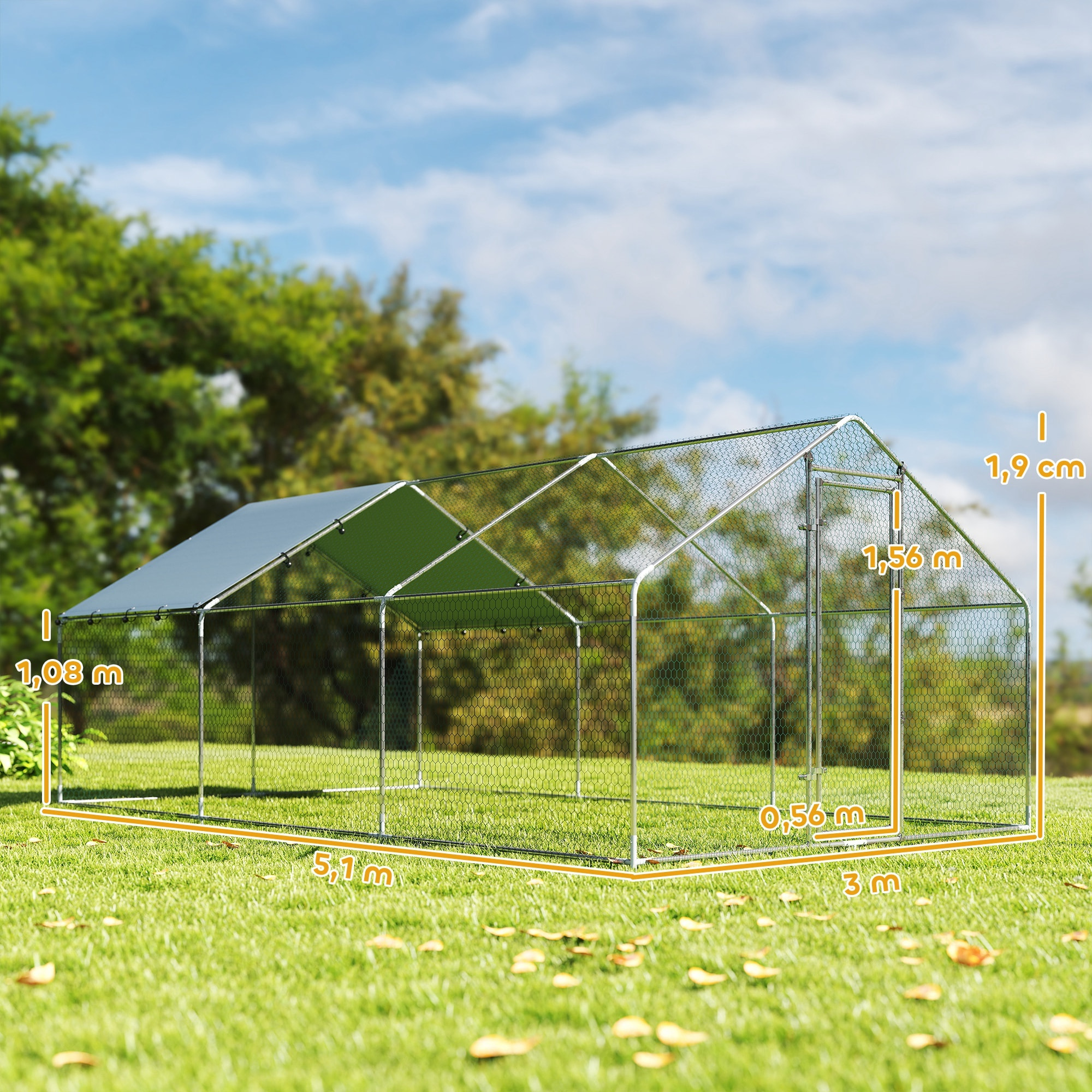 Gallinero para Exterior Grande, 5,1x3x1,9 m, Gallinero de Acero Galvanizado, Puerta con Doble Cierre, Cubierta Tela Oxford, Anti-UV e Impermeable, Diseño Accesible, para 15-24 Gallinas, Plata