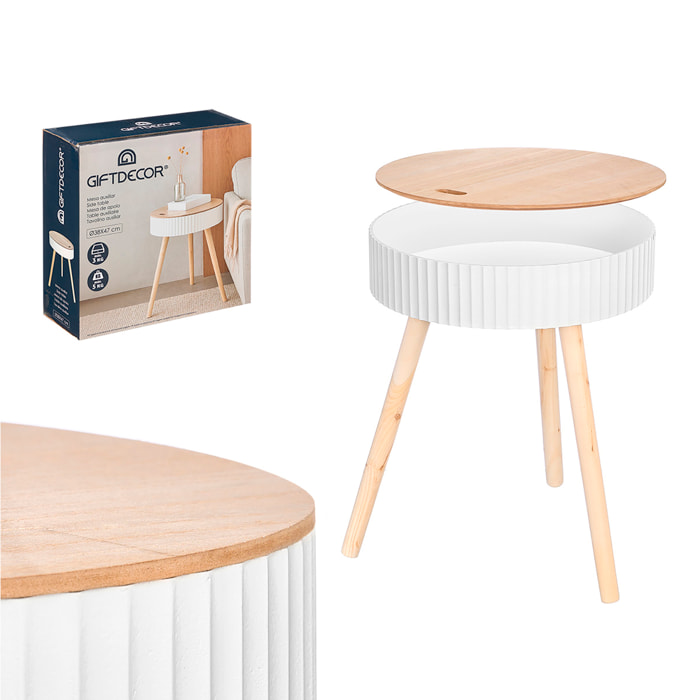 Tavolino bianco con design a onde, piano sollevabile e scomparto interno, 38 cm di diametro.