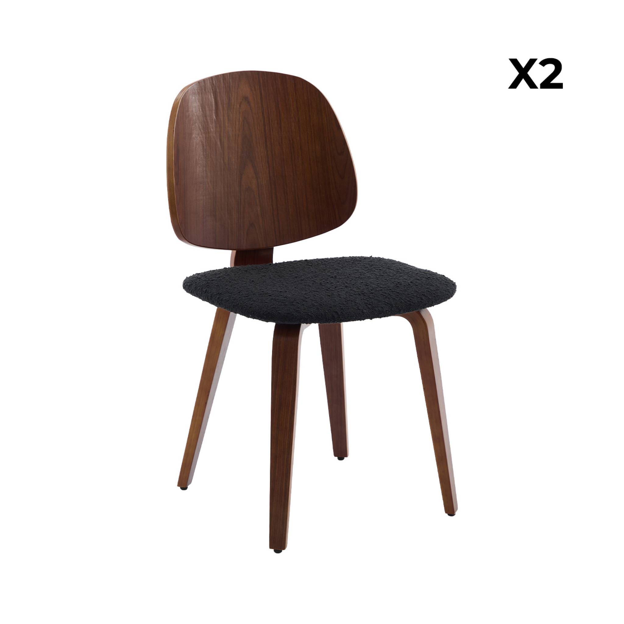 Lot de 2 chaises décor bois courbé placage effet noyer et bouclette texturée noire