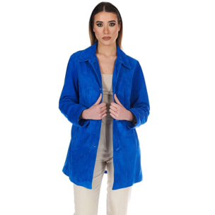 Giacca in pelle camoscio bluette monopetto versione oversize