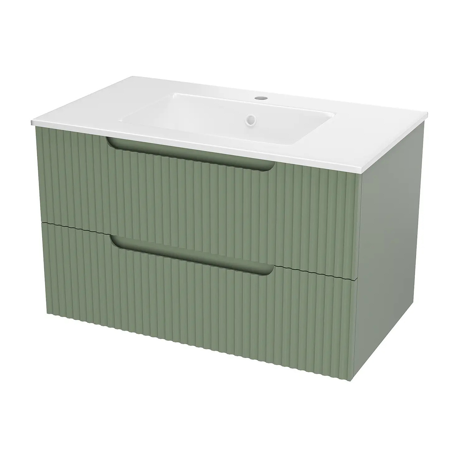 Meuble de Salle de Bains LEON 80cm Vert Olive - 2 Tiroirs en MDF Ondulés - Vasque à encastrer