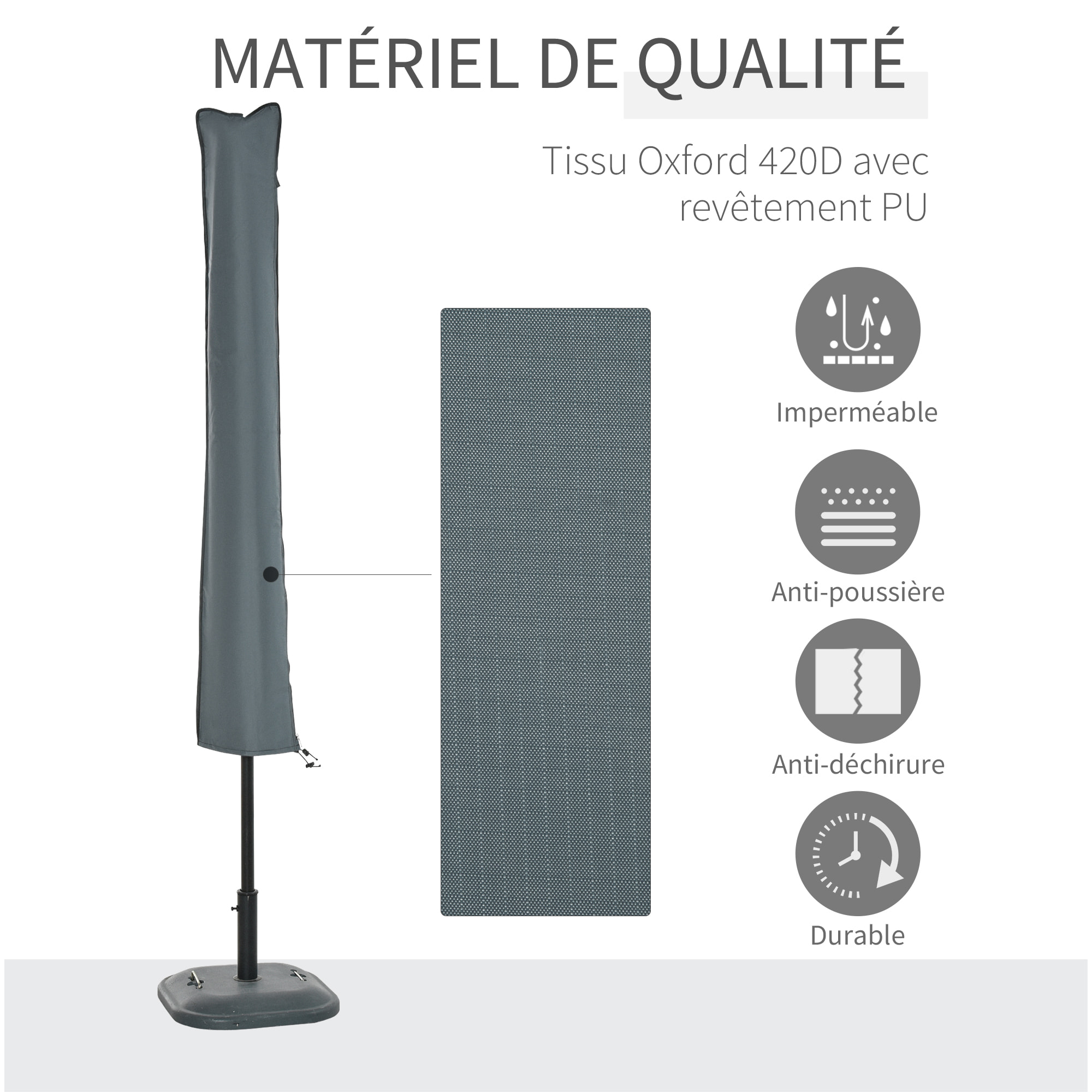 Housse de protection imperméable pour parasol droit avec fermeture éclair et cordon de serrage gris