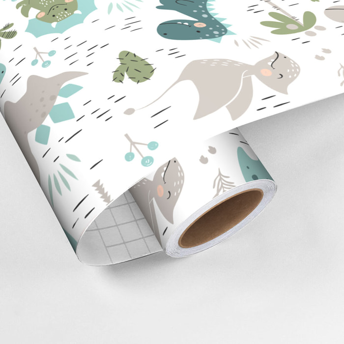 Rouleau revêtement adhésif vinyle au mètre - Sticker lavable Cuisine Meuble Armoire Porte - DINOSAURES EN FAMILLE